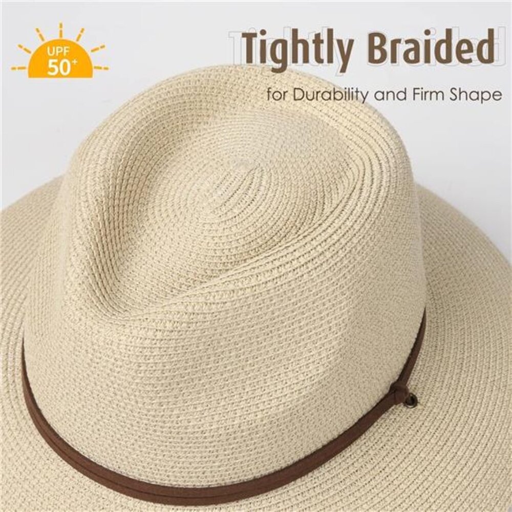 Womens Summer Straw Sun Hats Wide Brim Panama Fedora Beach Hat with Wind Lanyard - Picture 2 of 7